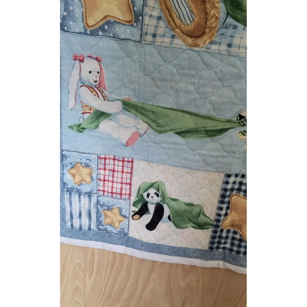 Vintage Teddy Bear Patchwork Quilted Baby Blanket Blue Gingham‎ Stars 34x44